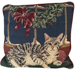 VTG Christmas Cat Kitten Tapestry Needlepoint Style Pillow Xmas